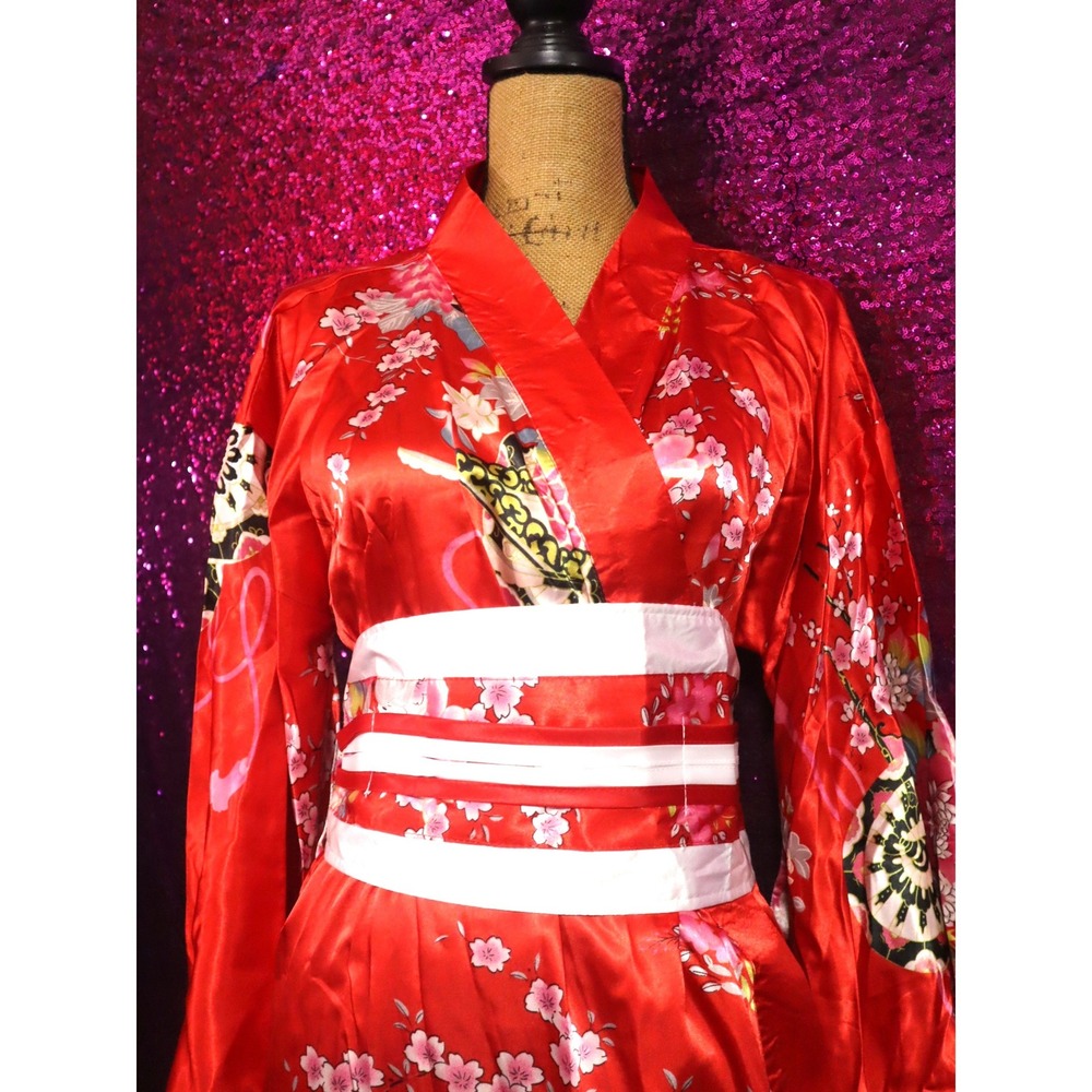 Red Kimono Robe 2X Women Floral Satin Cosplay Costume Set